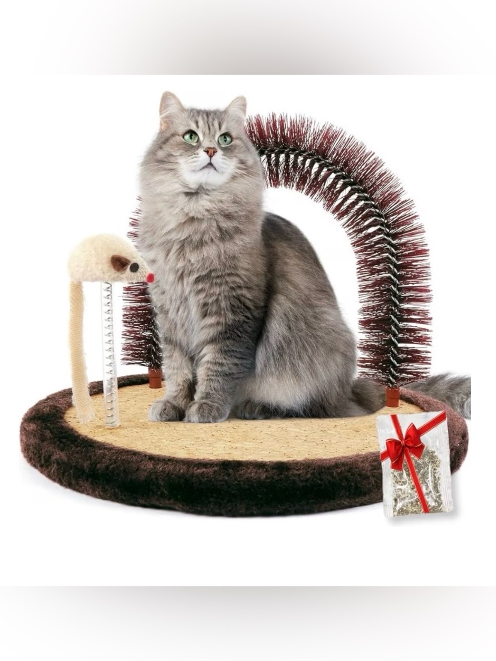 Multi-Function Cat Grooming Scratcher with Arch and Toy - Brown